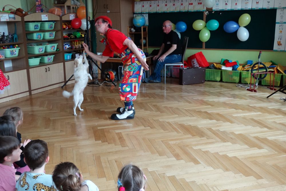 Klown podczas występu przybija piątkę-łapę ze swoim psem